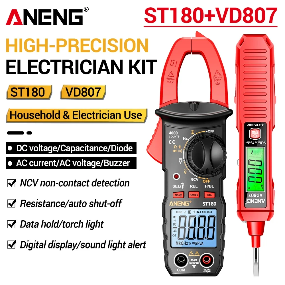 ANENG ST180 Clamp Multimeter VD807 Voltage Test Pen Combo NCV Flashlight Auto Off AC DC Household Electrical Repair Tool Set Kit