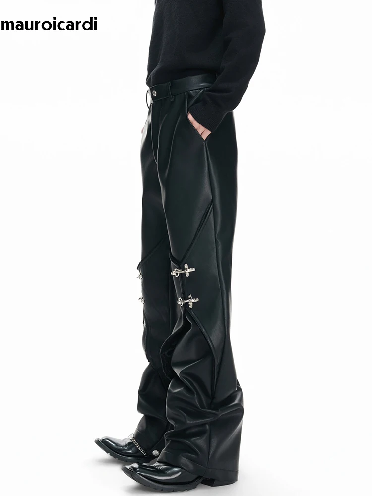 Mauroicardi Spring Autumn Cool Long Black Pu Leather Straight Pants for Men High Waist with Split Metal Buckle Streetwear 2026