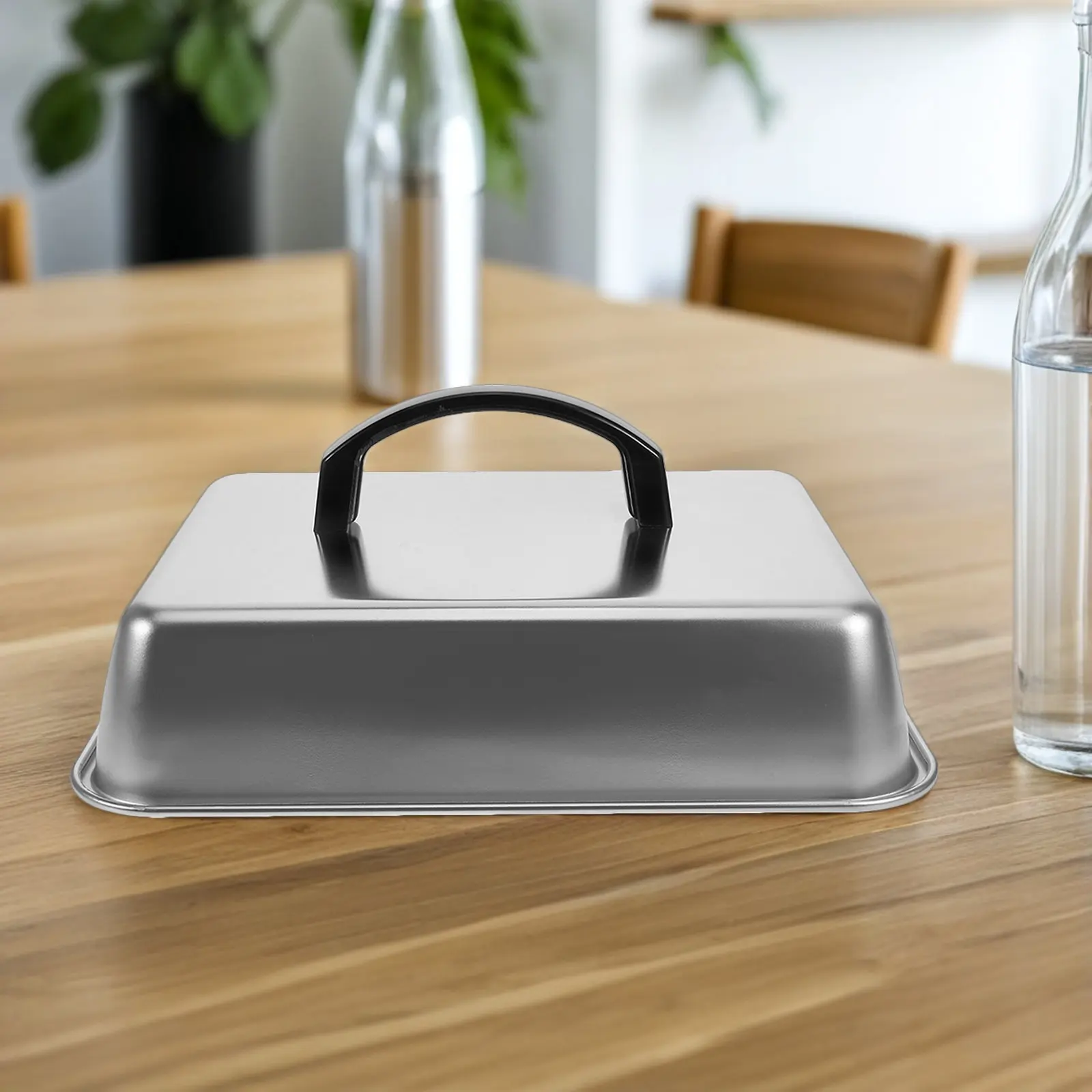Rectangular Stainless Steel Basting Cover Cheese Melting Dome Grill Pan Lid Handle Metal Steam Cover Bbq Western view 2