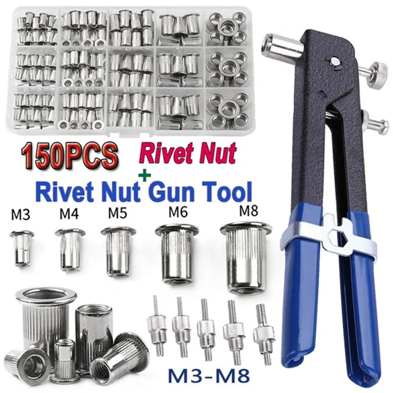 

150PCS Aluminium Flat Head Threaded Rivet Nut Assortment M3/M4/M5/M6/M8 And 1PC Rivet Nut Gun With 5PCS Nut Rivet Mandrels