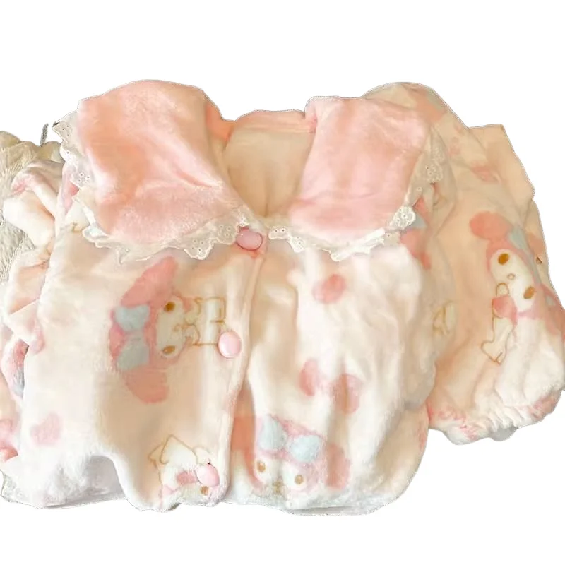 Piyama Lucu Bahan Plush Melody Anime Kawaii Sanrio Coral Fleece Wanita Baju Tidur Cardigan Longgar Atasan Celana Pakaian Rumah Pelajar