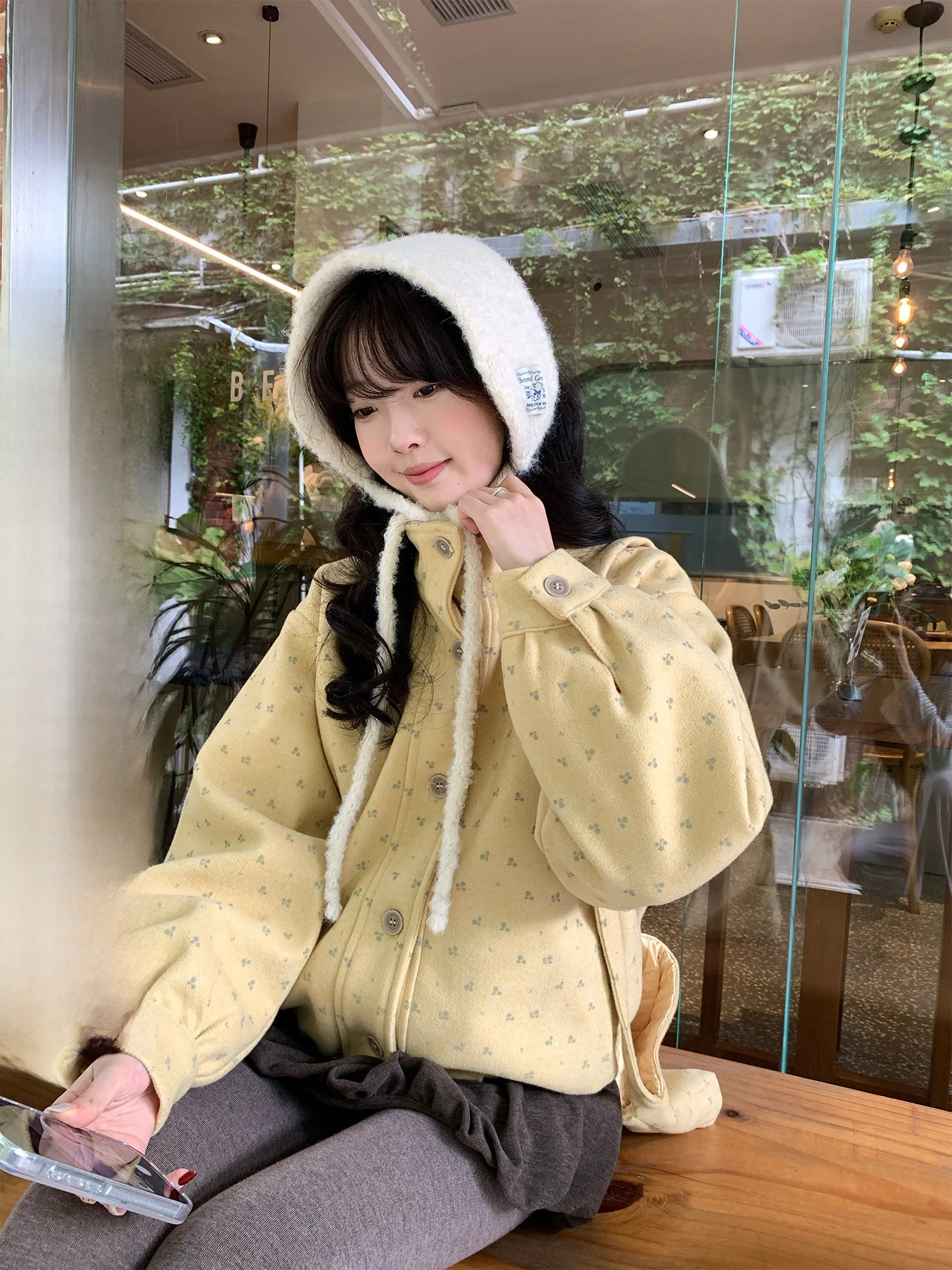 

Holli Korean Sle Floral Print ort Loose Cotton Woolen Coat Women's Autumn Winter New Arrival Button up Stand Collar Jaet