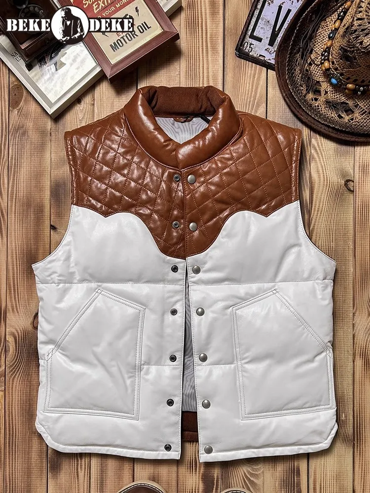 

Мужской повседневный жилет из натуральной кожи, зимний теплый пуховик без рукавов, толстый воротник-стойка из овчины, сращенный жилет из воловьей кожи