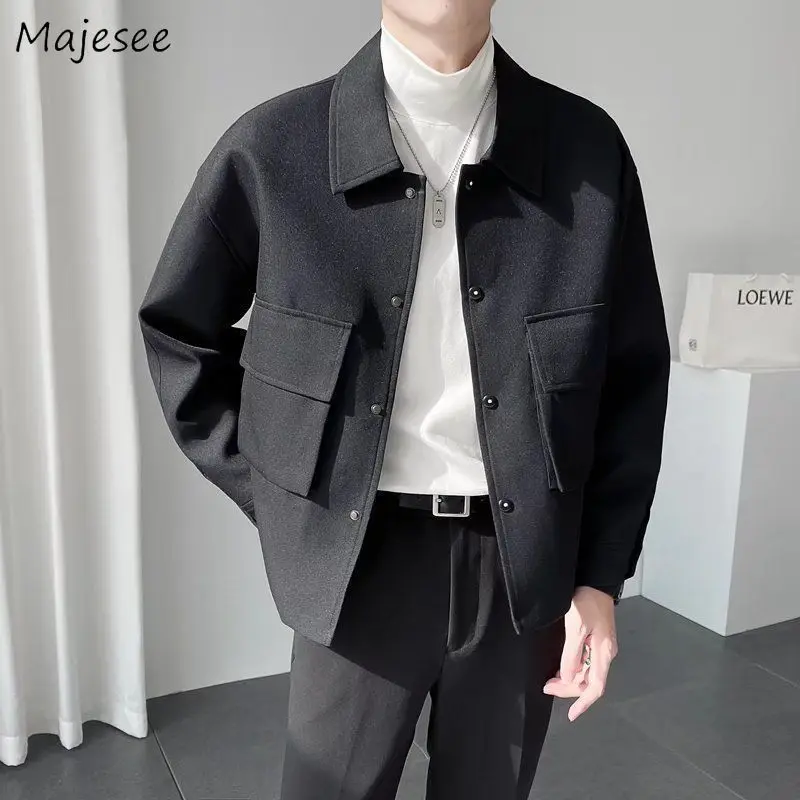 

Cargo Jackets Men Simple Solid Fashion Slim Woolen Coats High Street Handsome Outwear BF Couples Pockets Korean Style Hombre Ins