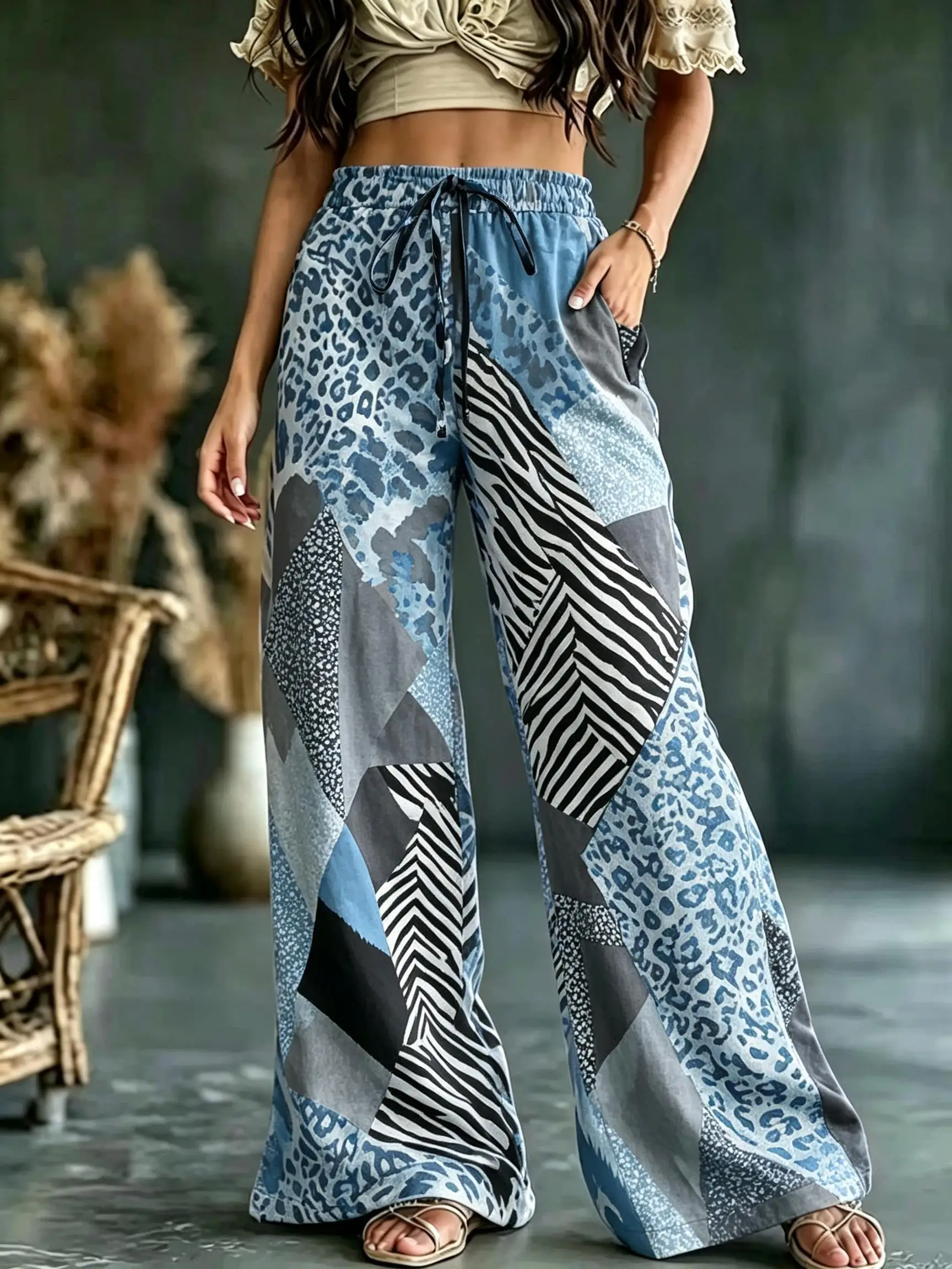 Boho Mixed Animal Print Patchwork Wide Leg Trousers For Women Drawstring Waist Vacation Pants
