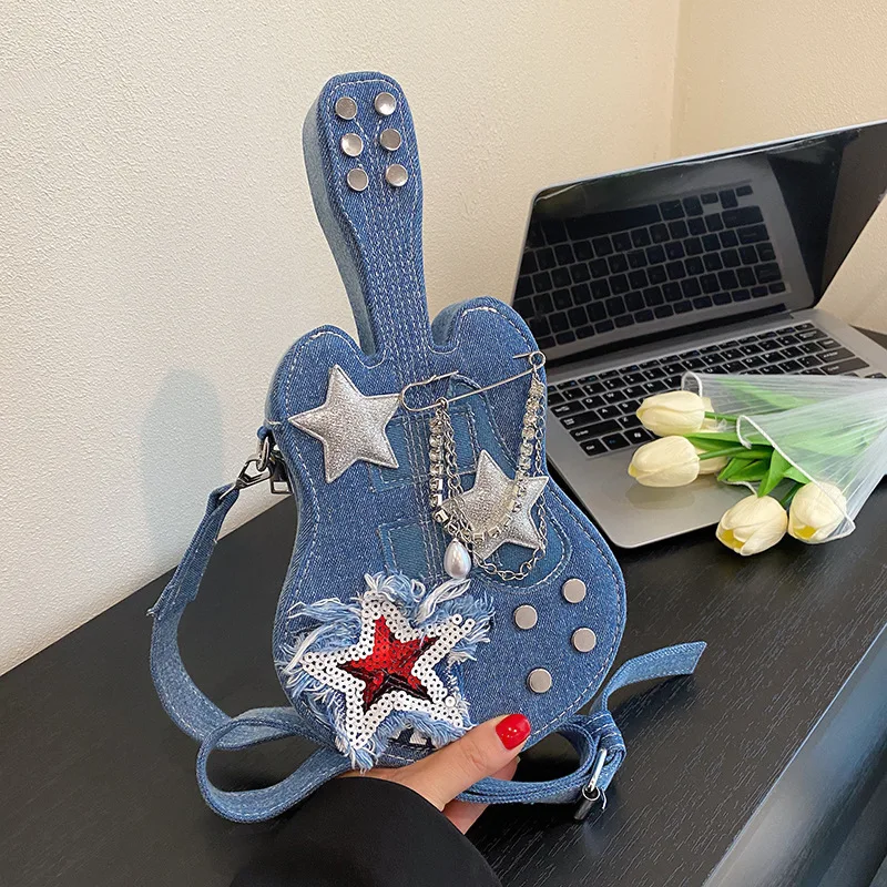 Original Vintage Guitar Shape Mini Crossbody Bags Blue Denim Star Decoration Small Box Purses with Diamond Chain for Womne