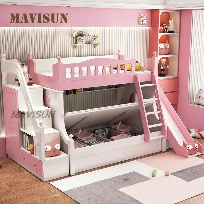 bed Modern Small Apartment Home Furniture Nordic Style Children Two-Layer With Drawers Suitable Pink Bunk  With Slide