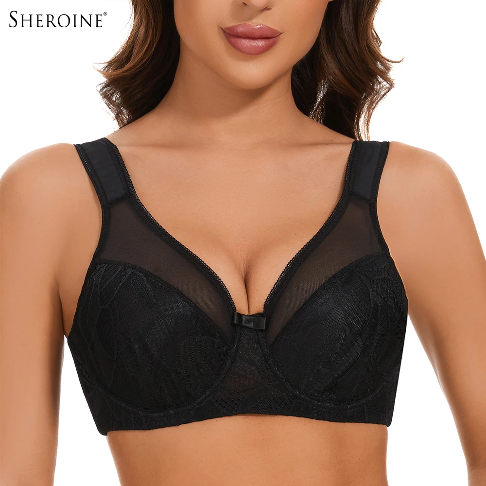 

Sheroine Plus Size Women's Lace Floral Minimizer Bra, Underwire Full Coverage Unpadded Bras for Women Lifting Support Comfort