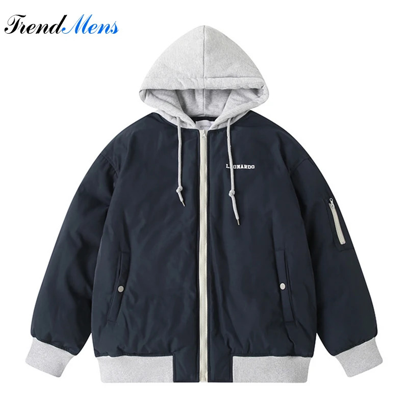 

Winter Printed Letters Loose Warm Hooded Down Jacket Men Hip Hop Tide Contrast Splicing High Quality White Duck Down Coat Male