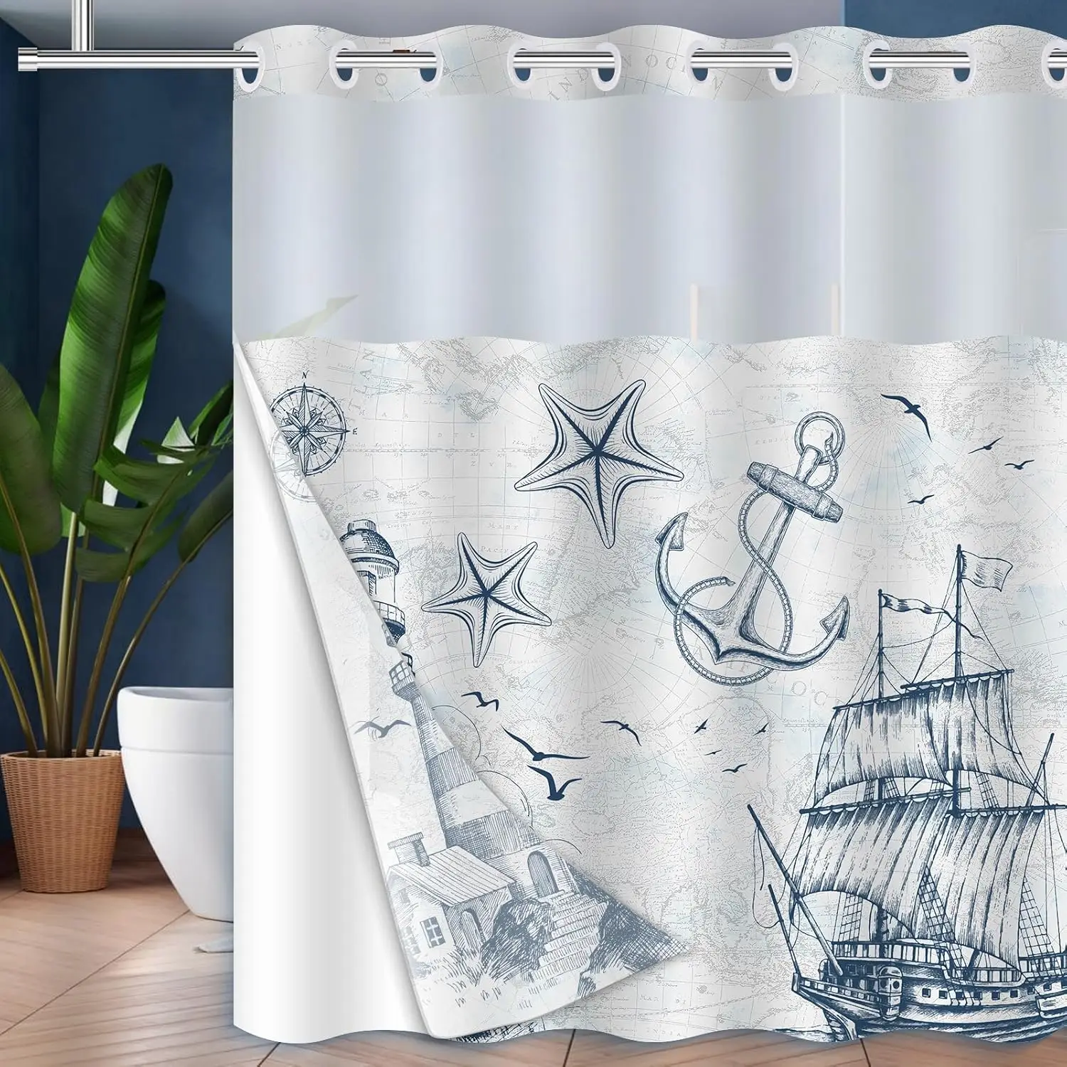 

Ocean Themed Bathroom,Beach Lighthouse Nautical Shower Curtain Bathroom Decor,No Hook Shower Curtain Double Lining,with
