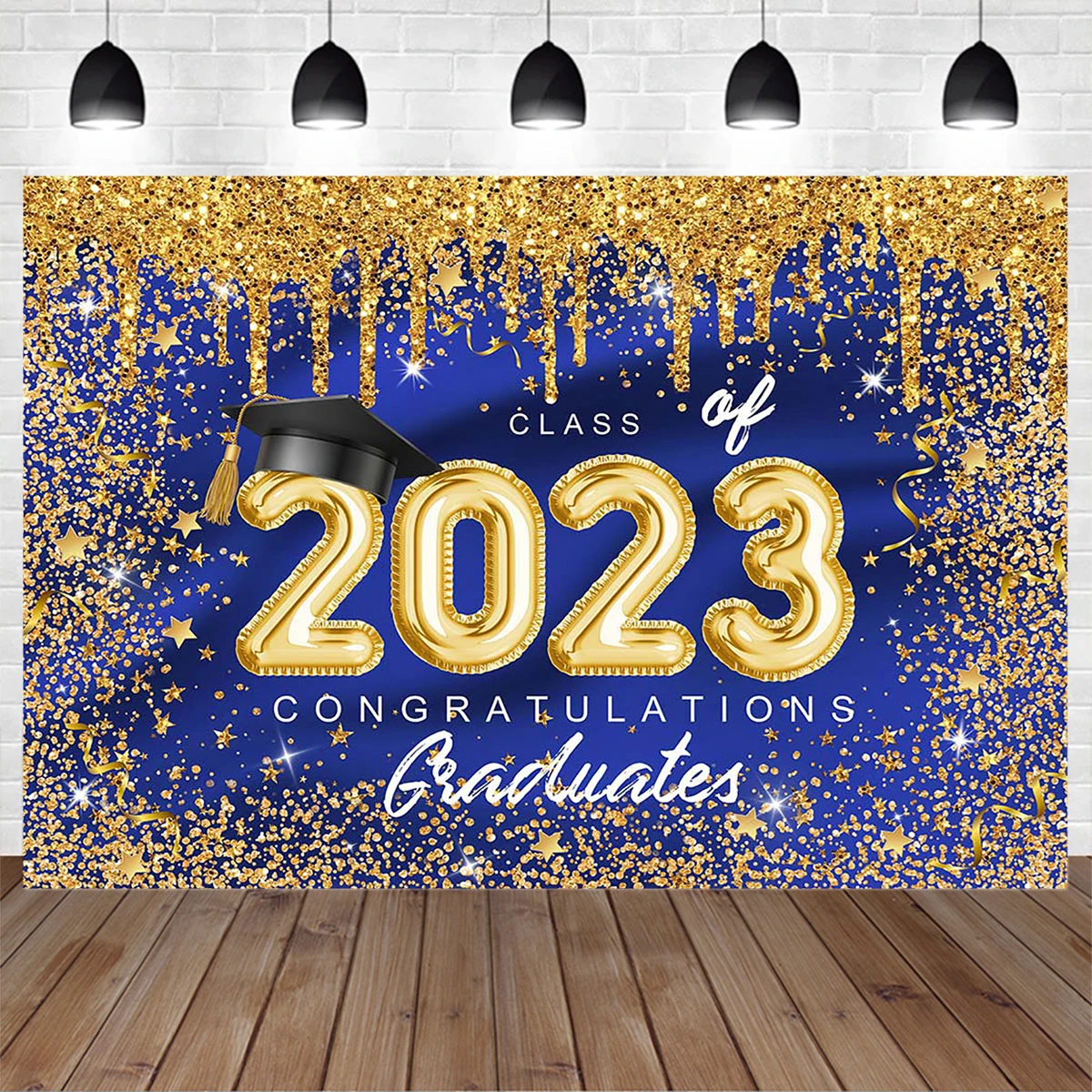 Gold Blue Shining Star Decorate Graduation Ceremony Background 2023 Student Studio Photography Backdrop Holiday Party Banner