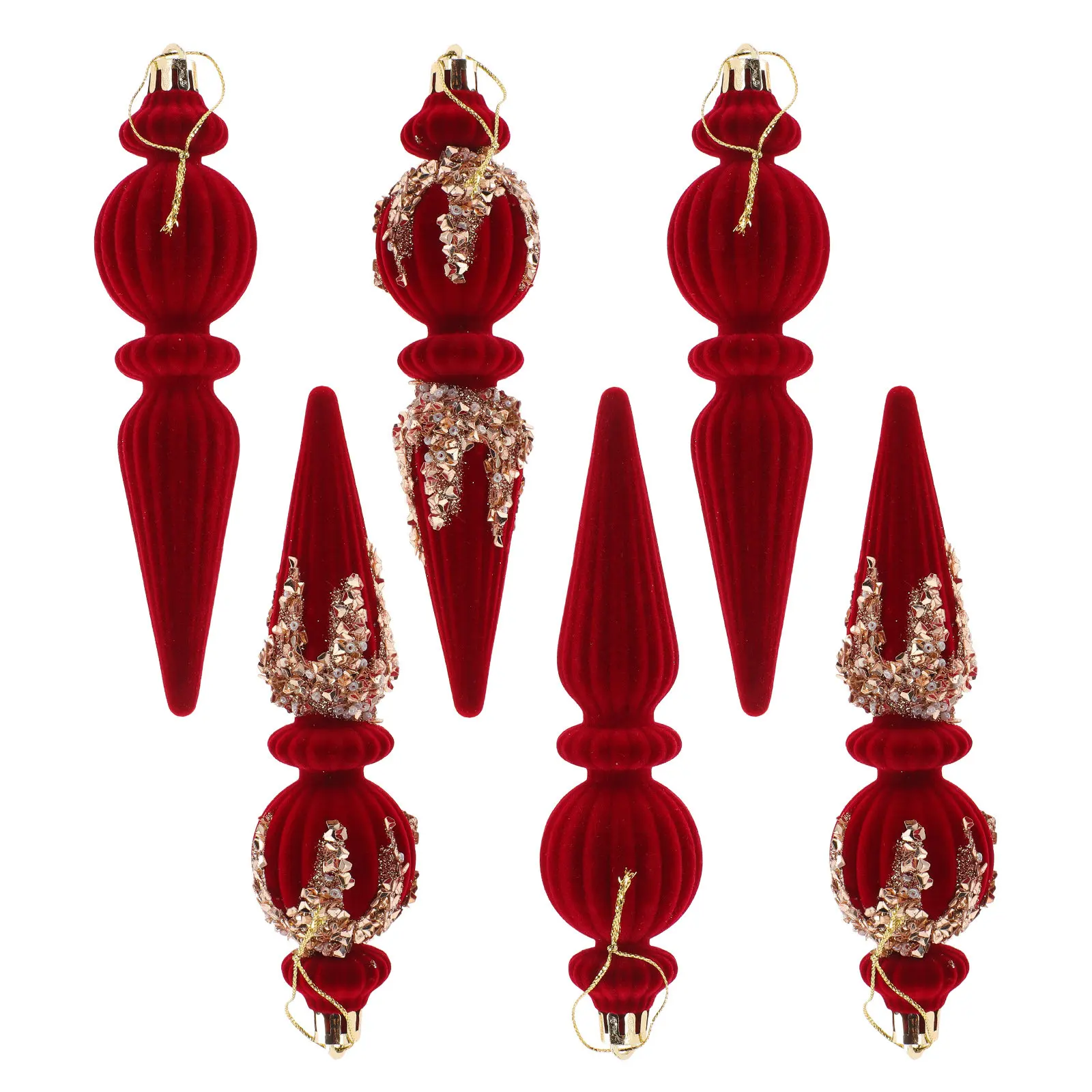 6Pcs Christmas Finial Ornaments Red Shatterproof Drop Pendants PS Flocking Christmas Tree Ornament for Fireplace Xmas Decor