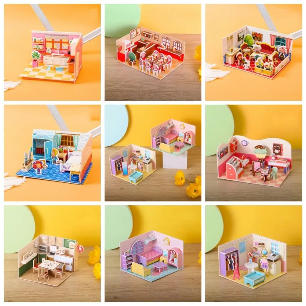 Modelo de habitación 3D de cartón de dibujos animados, rompecabezas de juguete, casa, habitación 3D, modelo de habitación 3D hecho a mano, juguetes artesanales, juguetes para niños