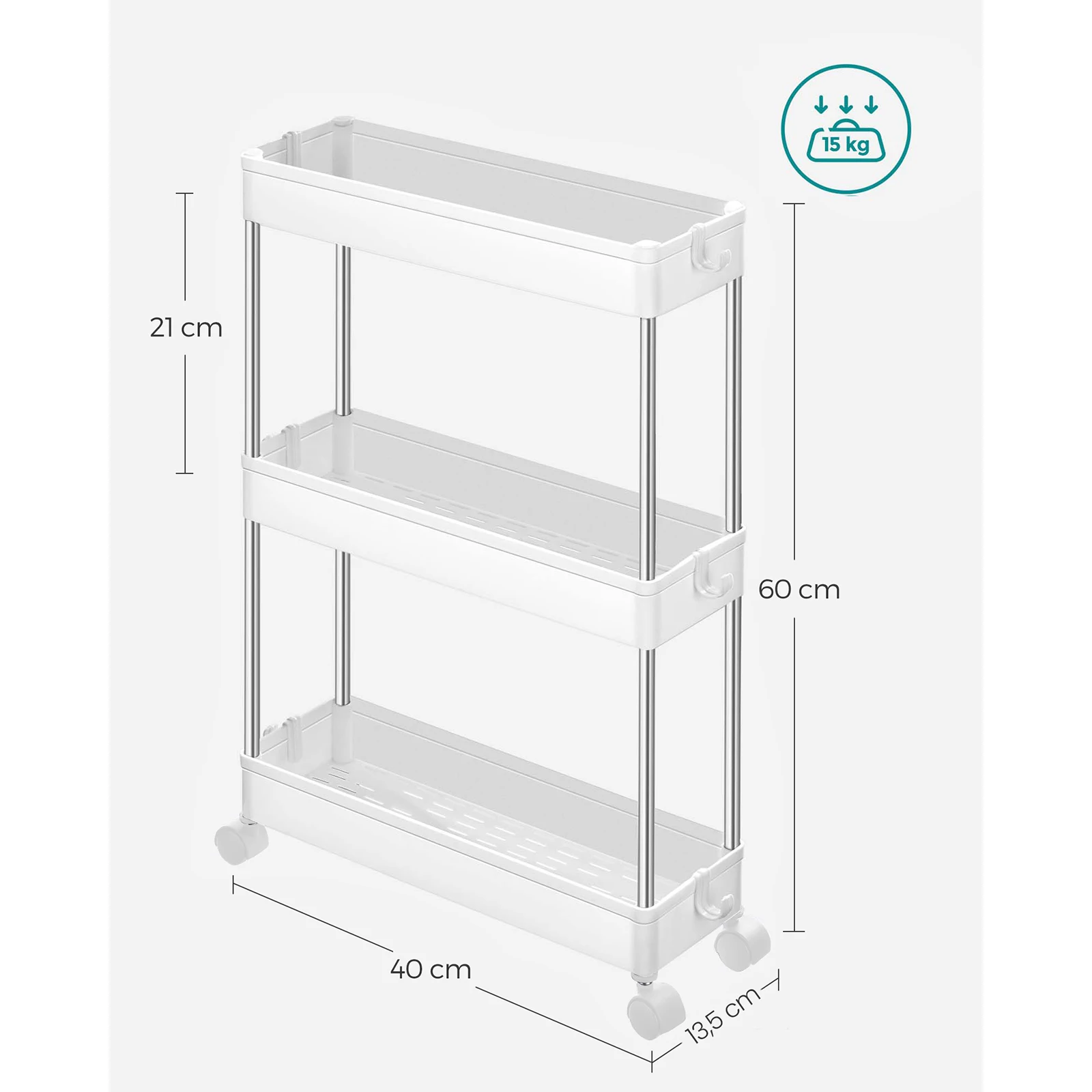 SONGMICS Storage Trolley, Rolling Shelf, 3 Levels, Space-Saving, for Bathroom, Kitchen, Office, 40 x 13.5 x 60 cm