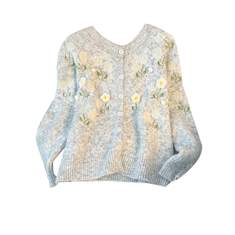 Women Light Grey 3D Floral Cardigan Sweater Vintage 2000s Y2k Aesthetic Jumper Knitwear Long Sleeves Sweater Autumn Clothes 2025