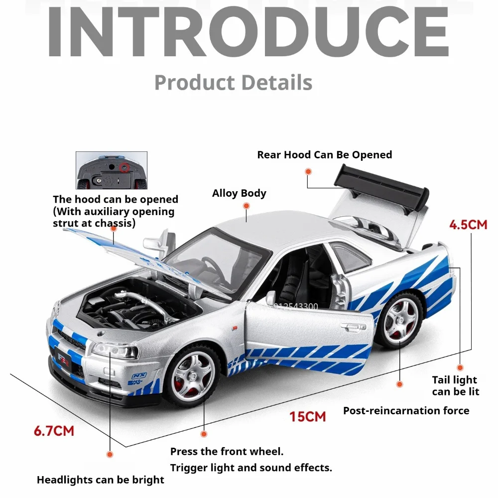 1:32 Scale GTR-R34 Racing Car Model Toy Music Light Doors Opened Simulation Sports Cars Miniature Models Table Top Decoration