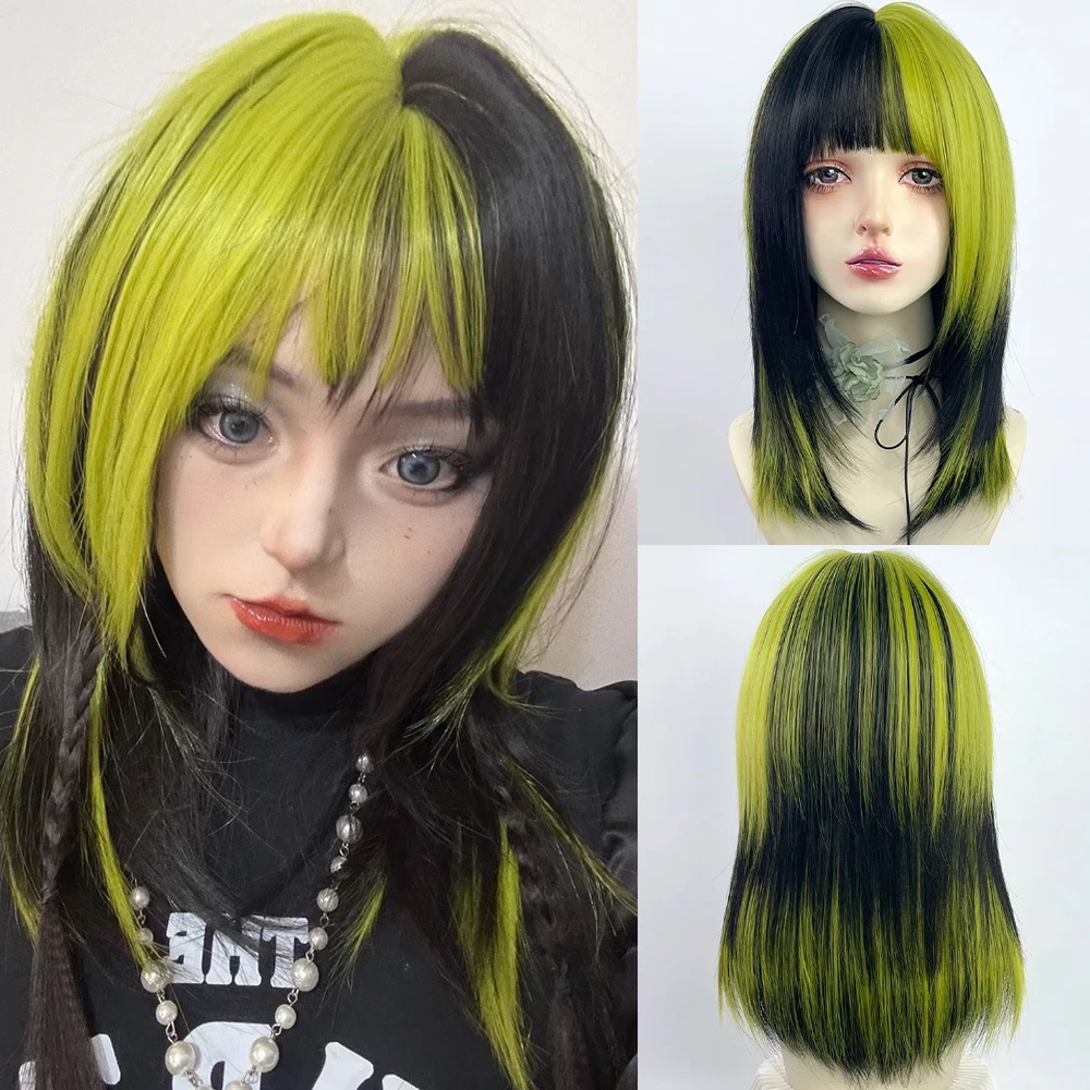 

Black Green Purple Highlights Layered Short Straight Synthetic Wig with Bangs Fluffy Lolita Cosplay Wig for Daily Party