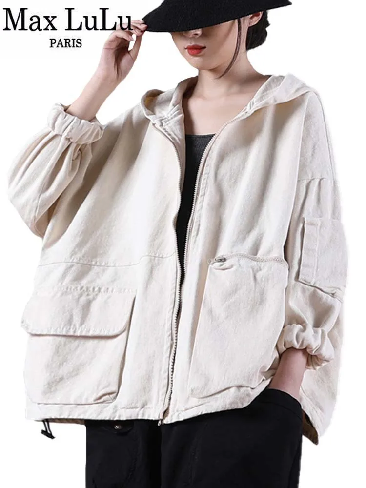 

Max LuLu Autumn New Jacket 2021 Women White Hooded Zipper Coat Casual Loose Streetwear Female Pockets Vintage Harajuku Clothes