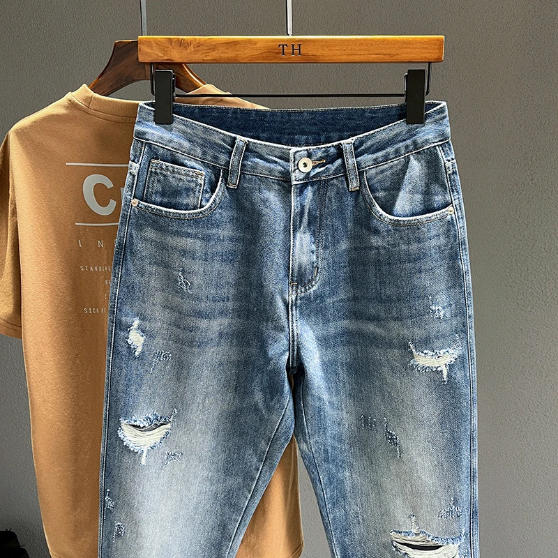 Ripped Jeans Men New Personality Fashion Vintage Blue Streetwear Baggy Denim Pants Casual Tapered Hole Frayed Trousers Male