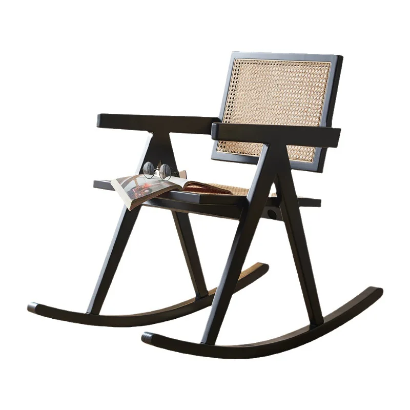 

Nordic solid wood rattan rocking chair, black simple B & B hotel rocking chair 2023 new model