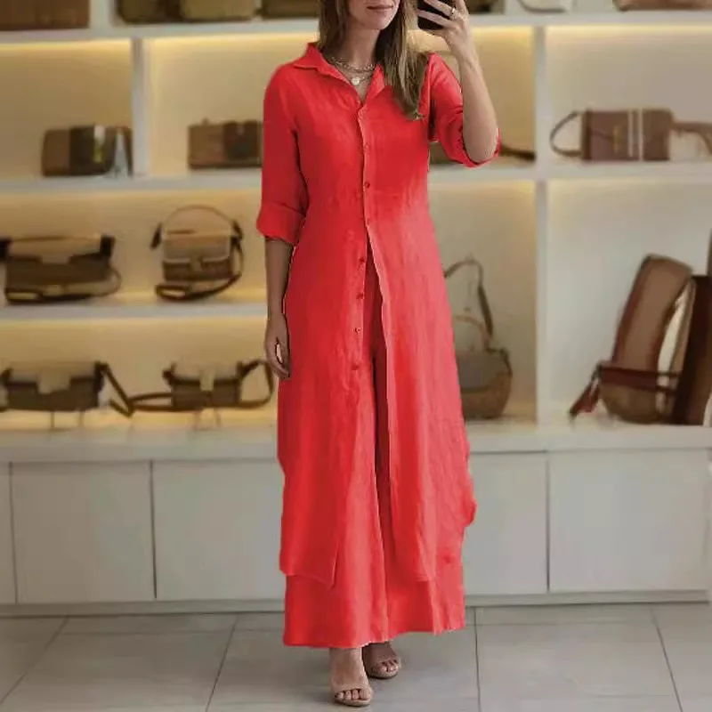 New Summer and Autumn Urban Elegance Cotton and Linen Slim-fitting Waist Long Shirt Wide-leg Pants Set