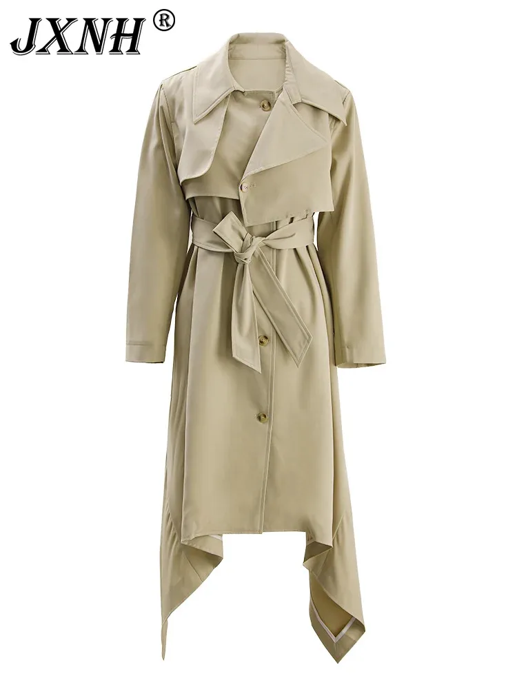 

Khaki Irregular Fake Two Pieces Belted Trench Women New Lapel Long Sleeve Loose Fit Windbreaker Fashion Spring Autumn 2024