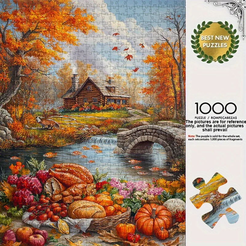 1000 قطعة من أحجية الصور المقطوعة للبالغين - كابينة سجل الخريف بواسطة نهر مع أوراق الخريف والقرع والتوت - دورا ممتازة مقاومة للخدش