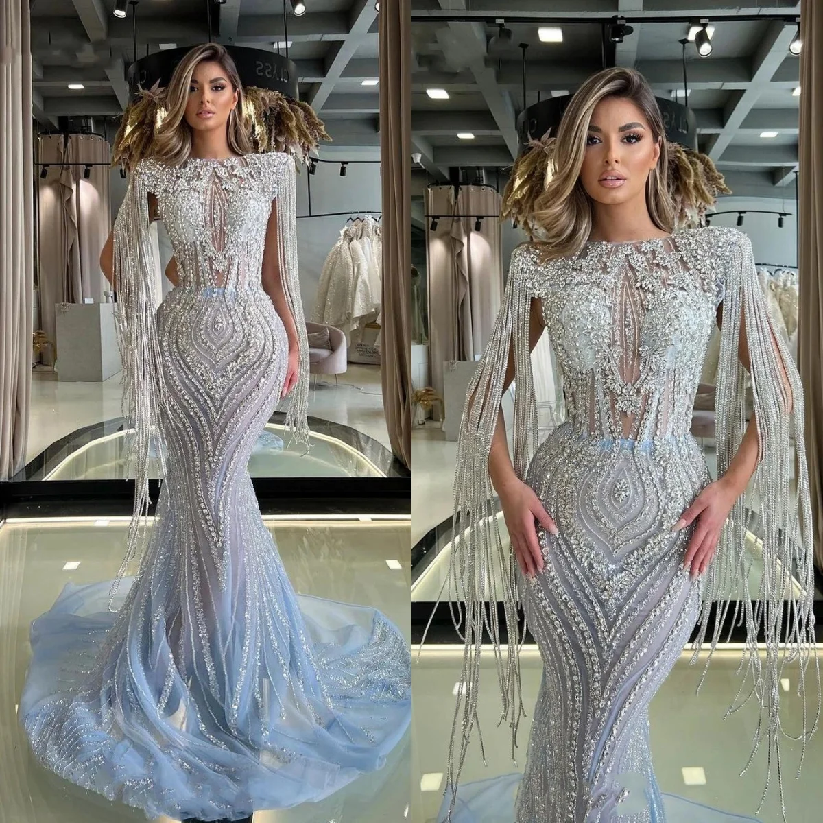 

Изысканные вечерние платья русалки для женщин, платье без рукавов с круглым вырезом и блестками, кристаллами и кисточками, скользящим шлейфом, вечерние платья по индивидуальному заказу