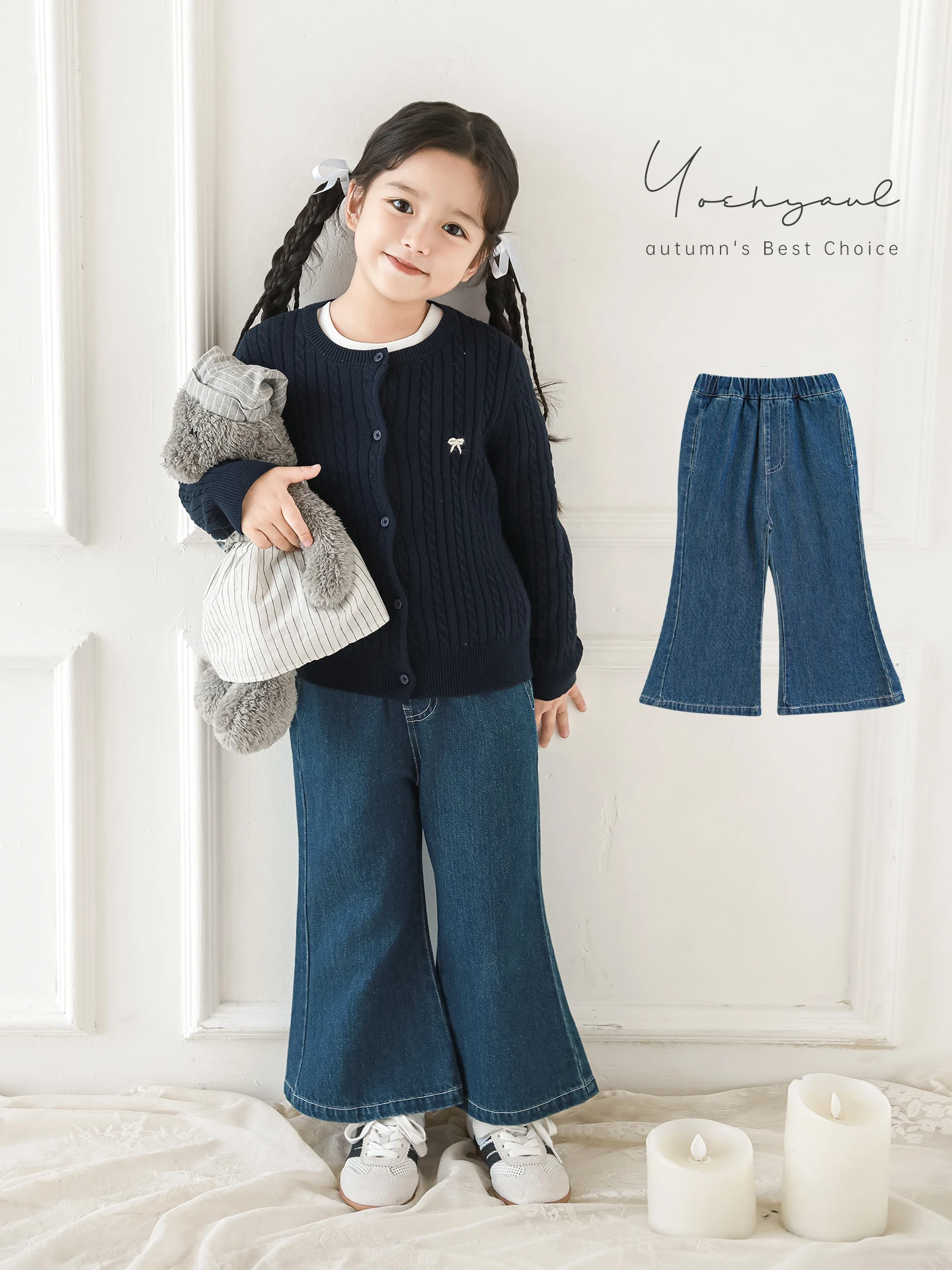 

Винтажные расклешенные джинсы для девочек, осень 2023, мягкие, приятные для кожи, цветные, универсальные брюки в стиле ретро, От 1 до 7 лет