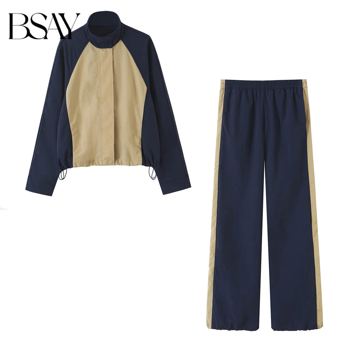 BSAY Women Color Block Jacket & Side Stripe Pants Set Stand Collar Zip Up Cropped Jacket Elastic Waist Wide Leg Trousers Outfit