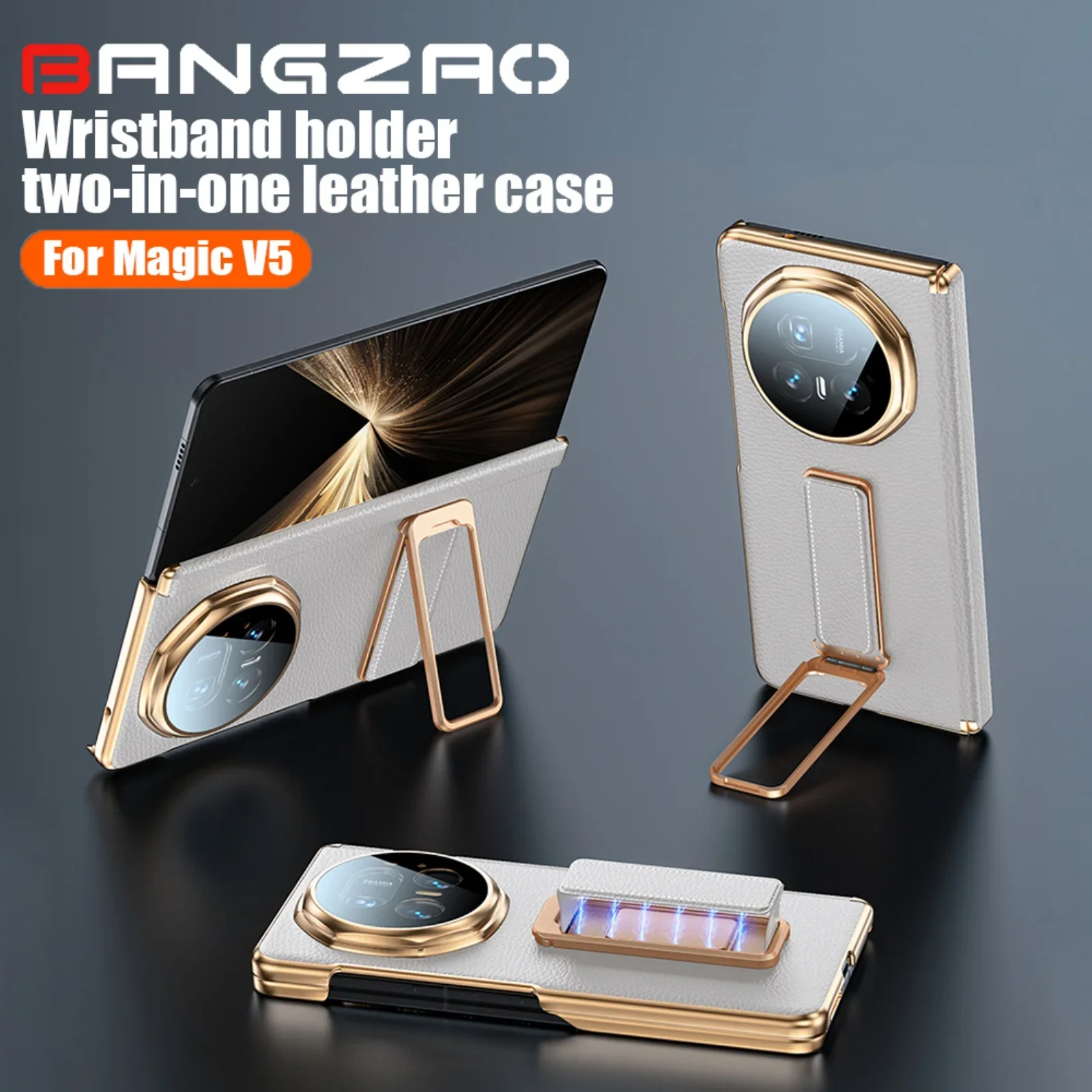 

Luxury Leather Shockproof Case for Honor Magic V5 Phone Case,Swivel Wrist Strap Holder,Bearing Protection,Camera Cover-White