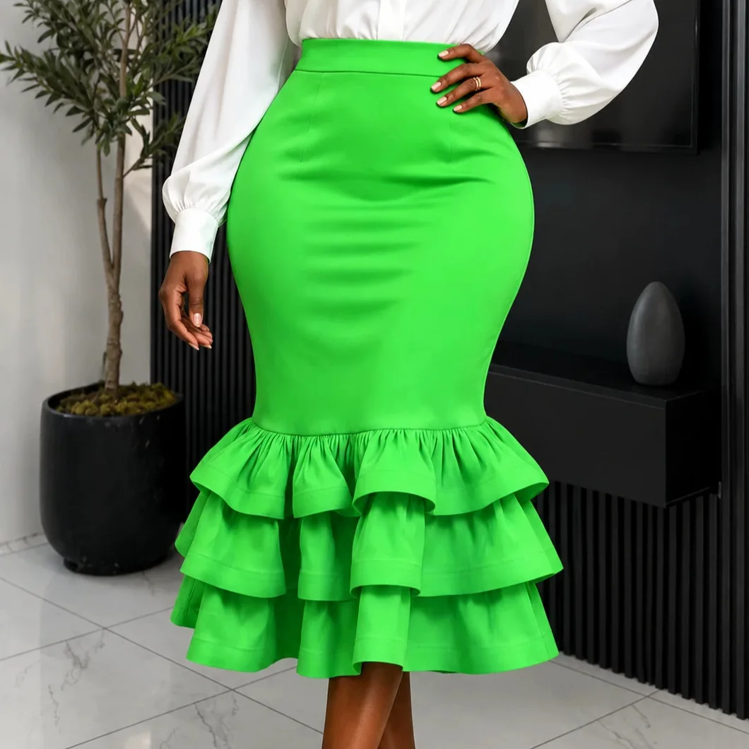 Autumn. New Ruffled Skirt High-waisted Slimming Versatile, Party, And Prom, Bodycon. Cake Fishtail Skirt Sexy Beach Boho