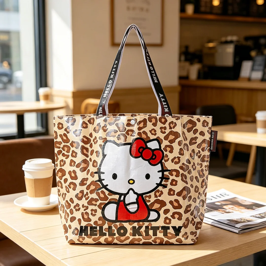 Leopard Print Hello Kitty Eco-Friendly Woven Large Capacity Storage Bag Officially Licensed Cartoon Plaid Waterproof Tote Bag Fo