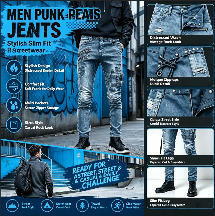 Men Mid Waist Distressed Denim Trousers Ripped Holes Slim Cut Pencil Pants Ankle Length Zipper Decor Casual Street Style Jeans