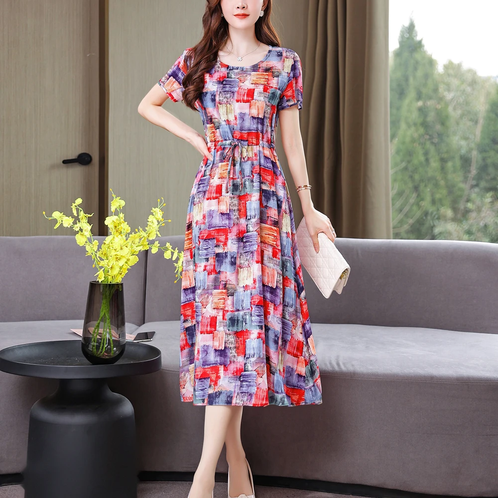 New Fashion Casual 2025 Summer Vintage Dresses O-Neck Print Floral Elegant Party Dress For Women Slim Plus Size Women Clothing