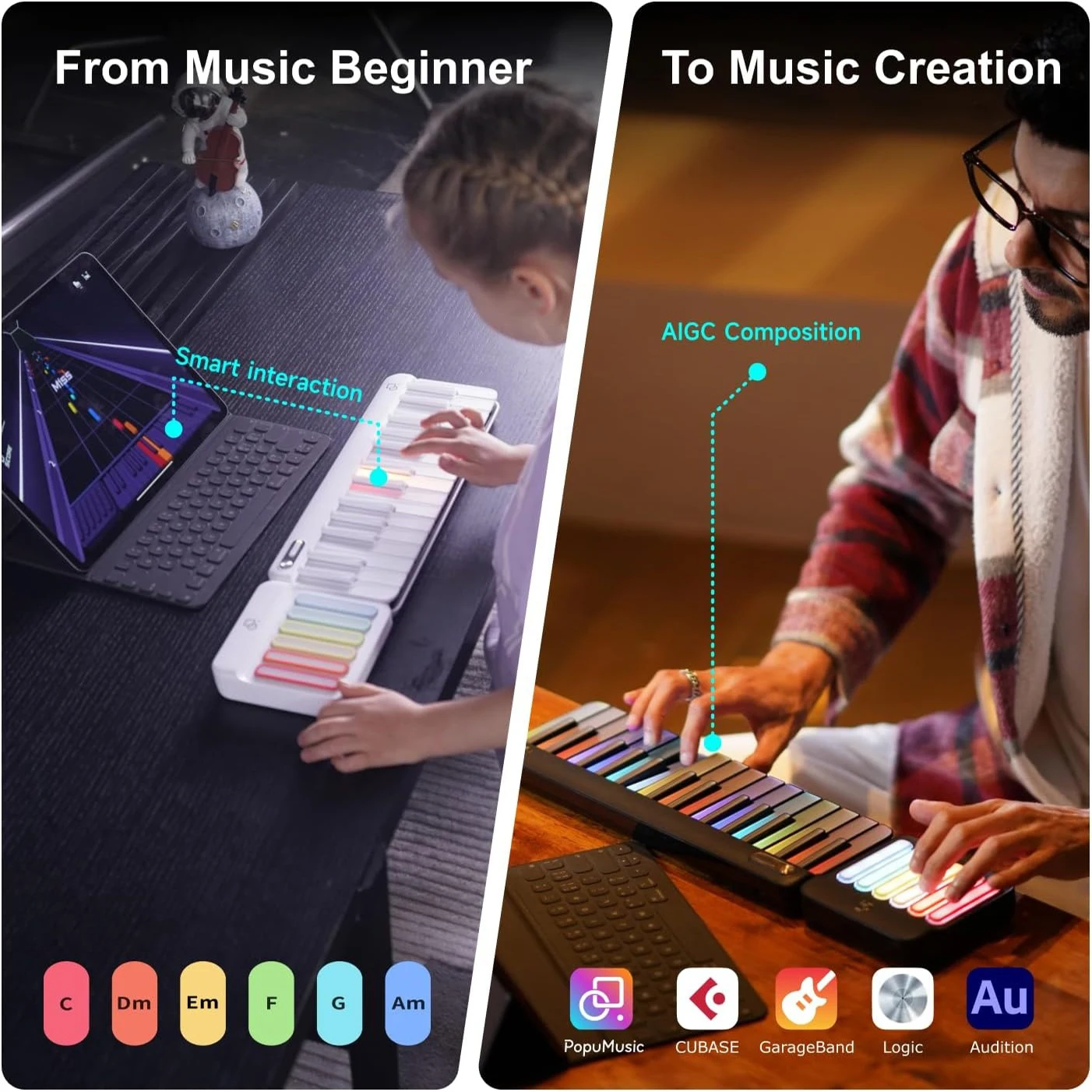 Smart Piano keyboard with Colored Light-up Keys,Smart Interactive Sing-Along with Chords,Free Lessons,MIDI,Portable Bag