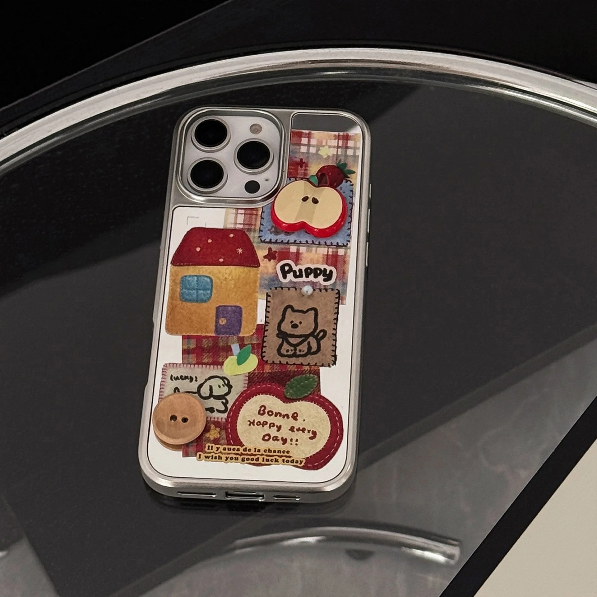 Korean 3D Apple Button Cartoon Puppy Mirror Phone Case For iPhone 17 Air 16 15 14 13 12 Pro Max With Chain Shockproof Hard Cover view 6
