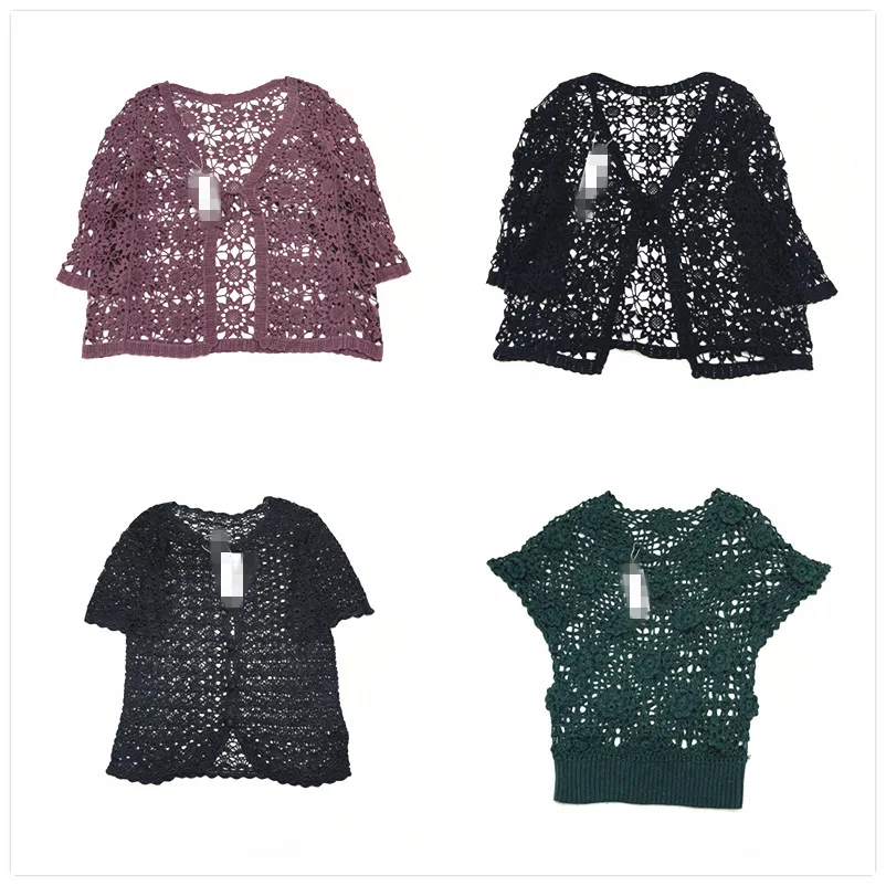 

Handmade Embroidered Vintage Double Layer Hollow out Pure Color Luxury Floated Flower Mixed Knit Sweater for Women Summer 2024