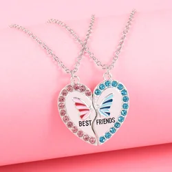 Luoluo&baby 2Pcs/set Delicate Rhinestone Butterfly Heart Best Friend Necklace for Kids Girls Fashion Friendship Gifts