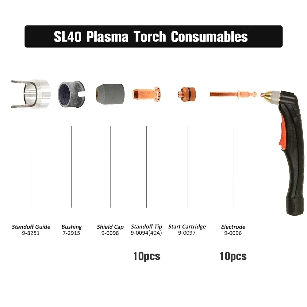 9-0096 Elettrodo al plasma 9-0094 Punta ugelli 20 pezzi Fit SL40 Torcia da taglio Torcia al plasma Elettrodi Set ugelli Taglio al plasma Consumo