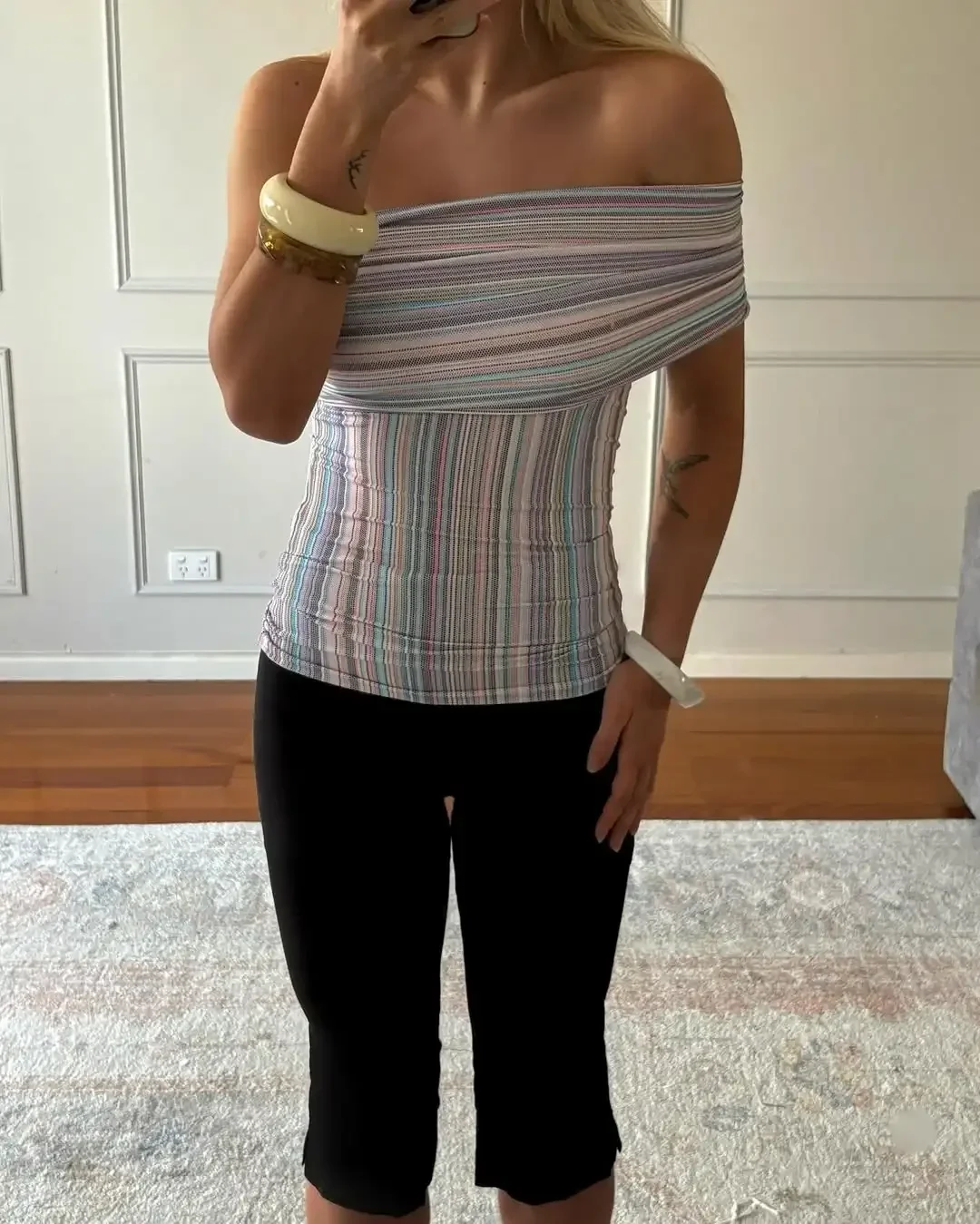 

Women Colorful Striped Off Shoulder Tube Top Fashion Ruched Waist Bodycon Tops 2026 Summer New Lady Elegant Casual Streetwear