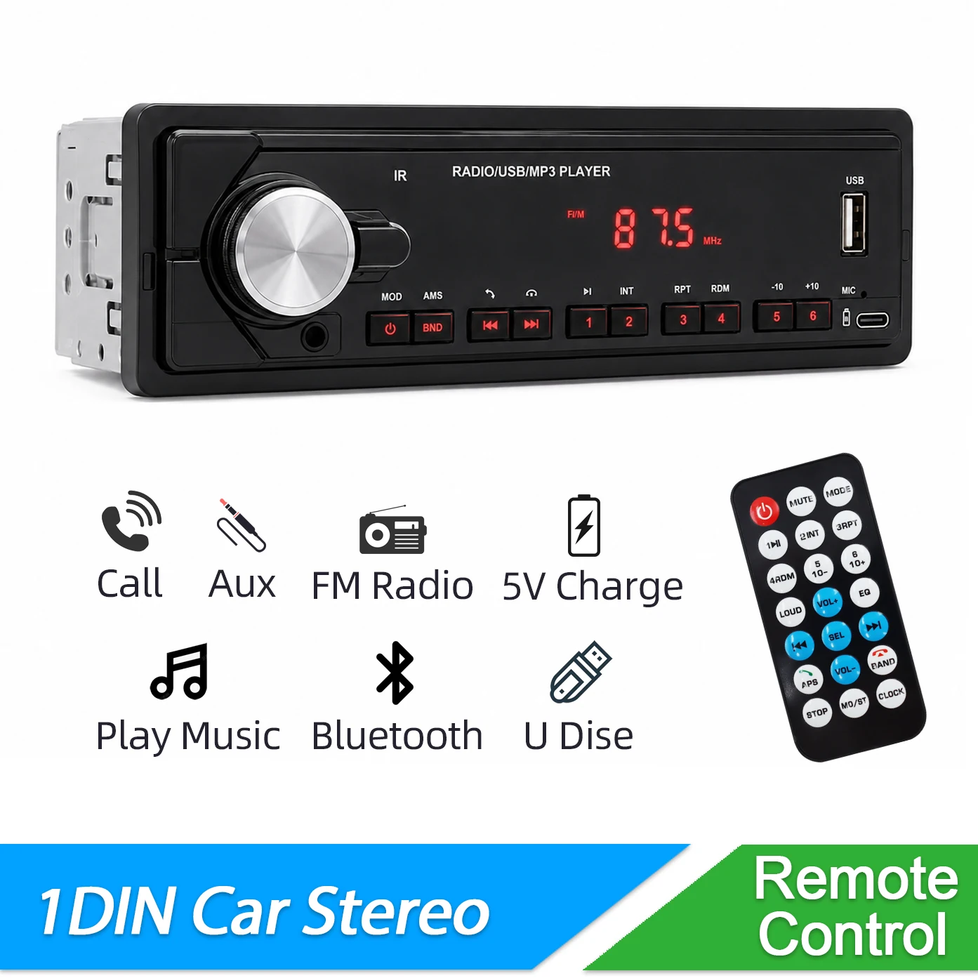 1 DIN Stereo Car Radio Bluetooth MP3 Player with Remote Control USB AUX-IN ISO Port FM Radio 12V 2 Channel