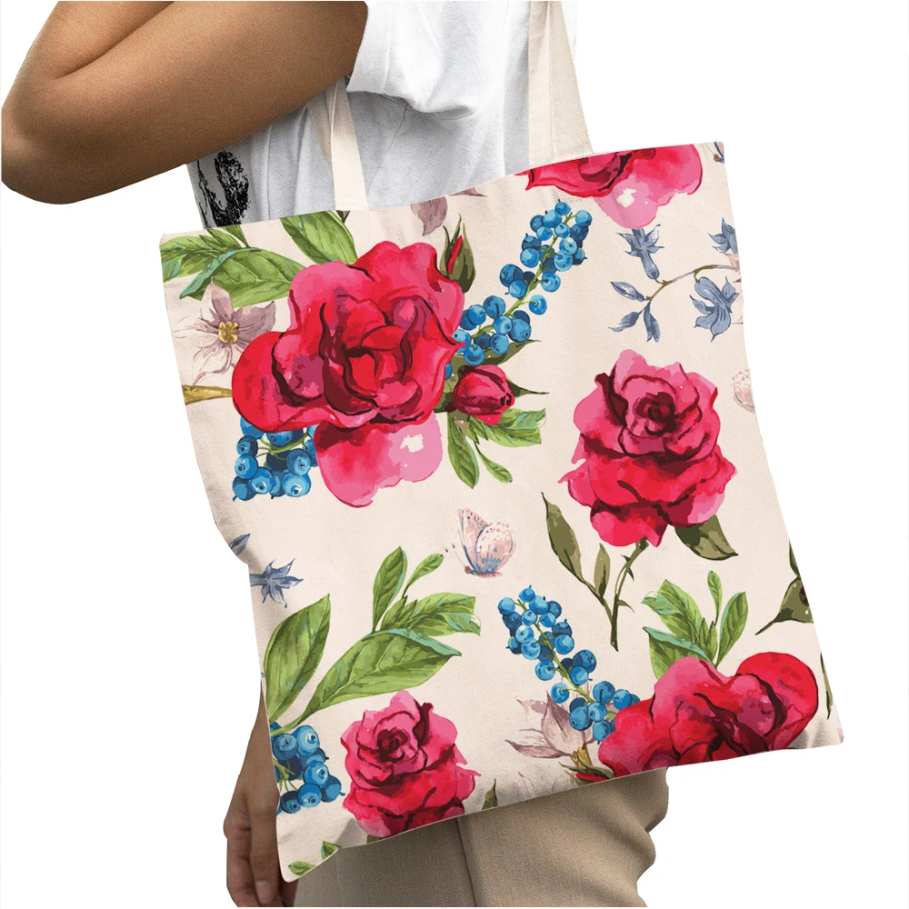 Fashion Plant Flower Print Casual Canvas Women Shopper Bag Nordic Cartoon Floral Bird Big Capacity Shopping Bags Tote Handbag