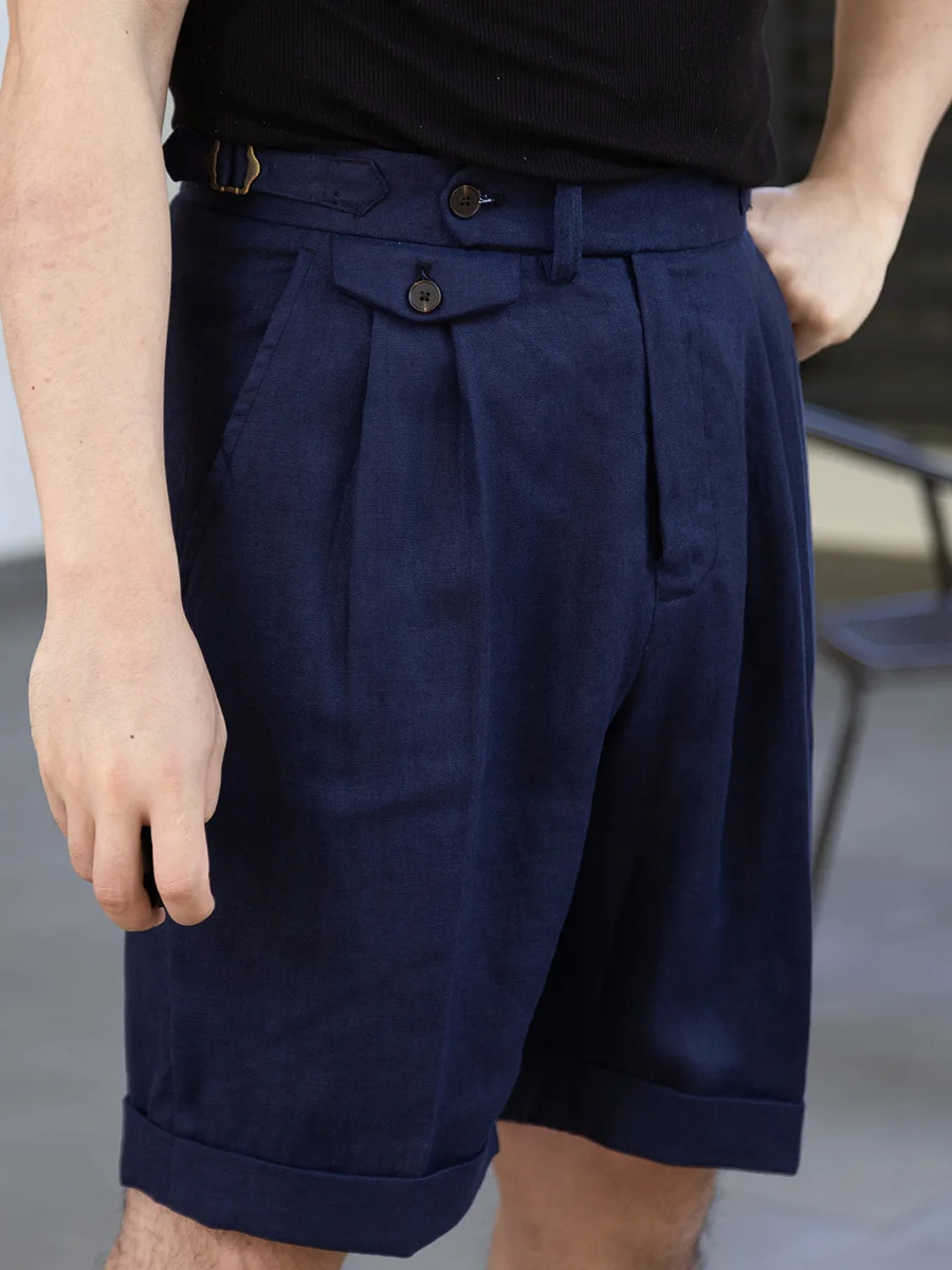 Summer Breathable Linen Shorts for Men, Navy Blue, Paris Button, Retro Pocket, Loose Fit