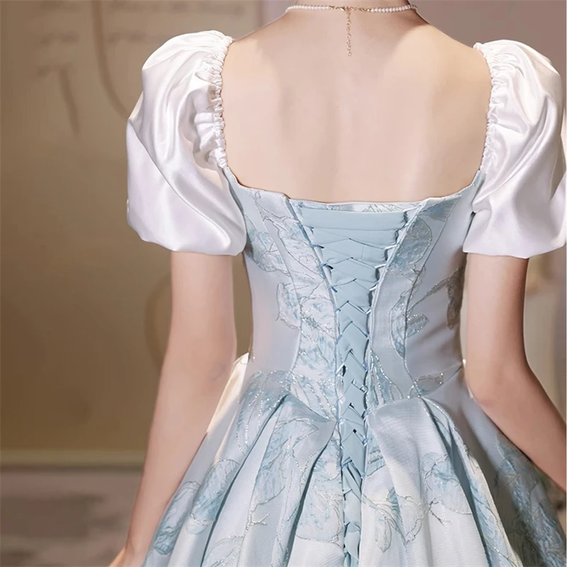 Robe de Soirée Longue Bleue Française pour Femme, Tenue Élégante à Manches Bouffantes, Vêtement pour Hôte de Banquet, Haut de Gamme