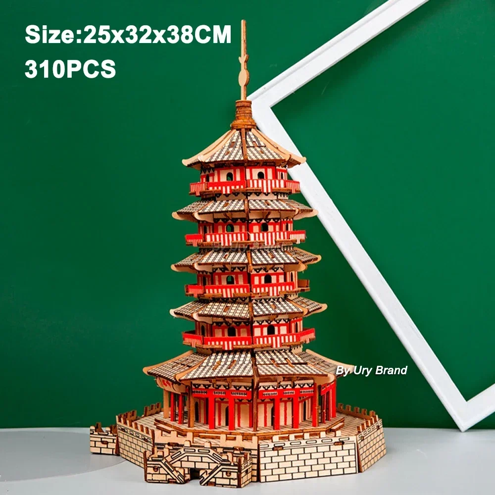 3D Wooden Puzzle Chinese Vintage Architecture Red Square Notre Dame De Paris Model DIY Kits Toys Desk Decoration Gifts for Kids