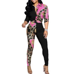 Women Fashion Print Suit Long Sleeve Turn-down Collar Shirt Mid Waist Pants New Casual Office Two Piece Set Women's Clothes