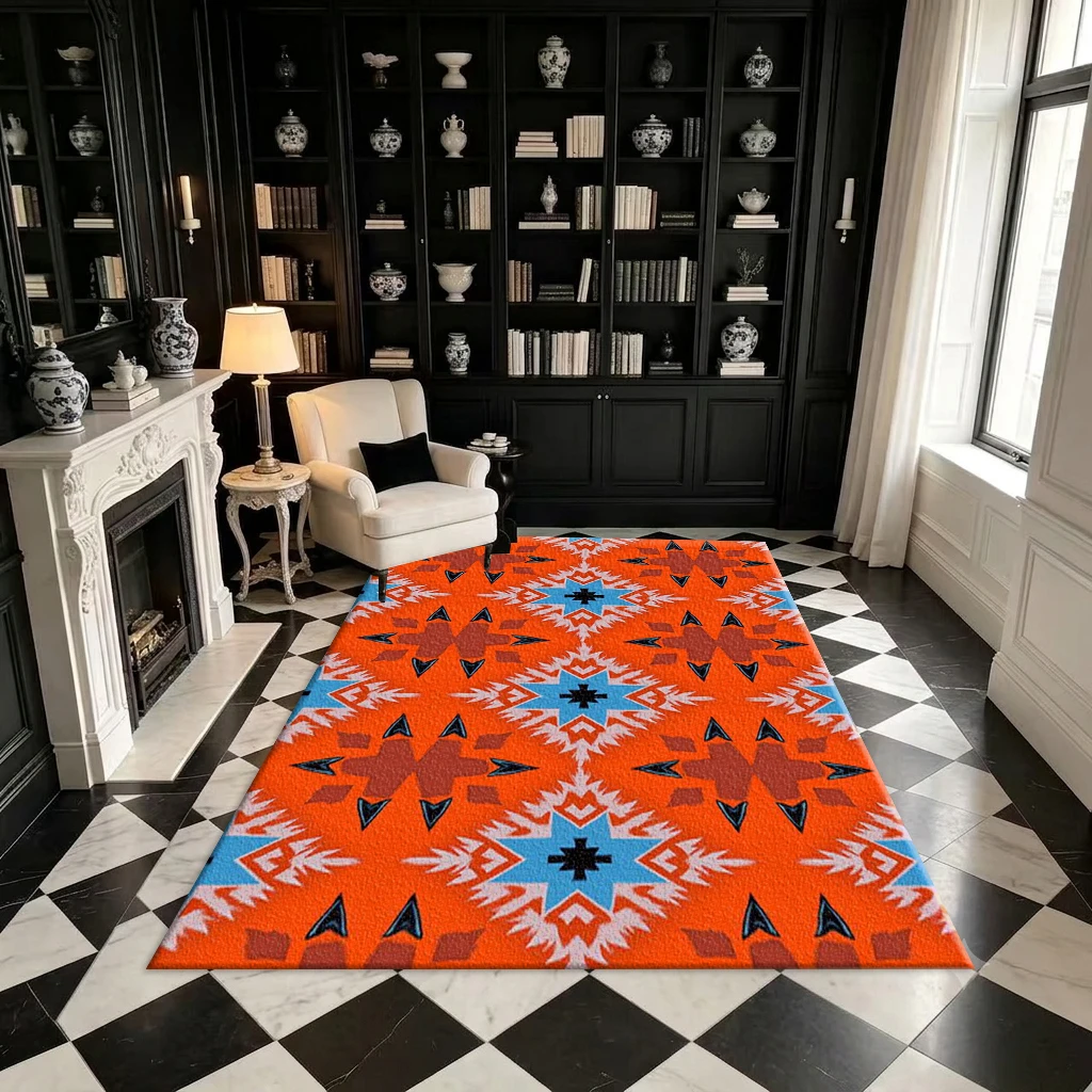 Bright Orange Southwest Ethnic Geometric Pattern Carpet Floor Tile, Indigenous Tribal Seamless Printed Square Carpet, Suitable for Home Decoration
