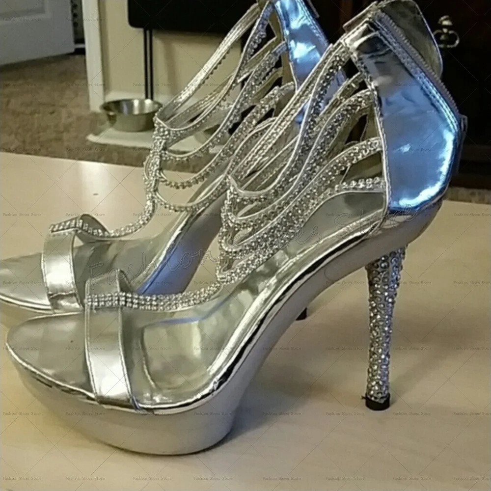 Silver Crystal Strap Back Zipper Sandals Platform Thin High Heels High Heel Shoes for Women Heels 2025 New Zapatos Para Mujere