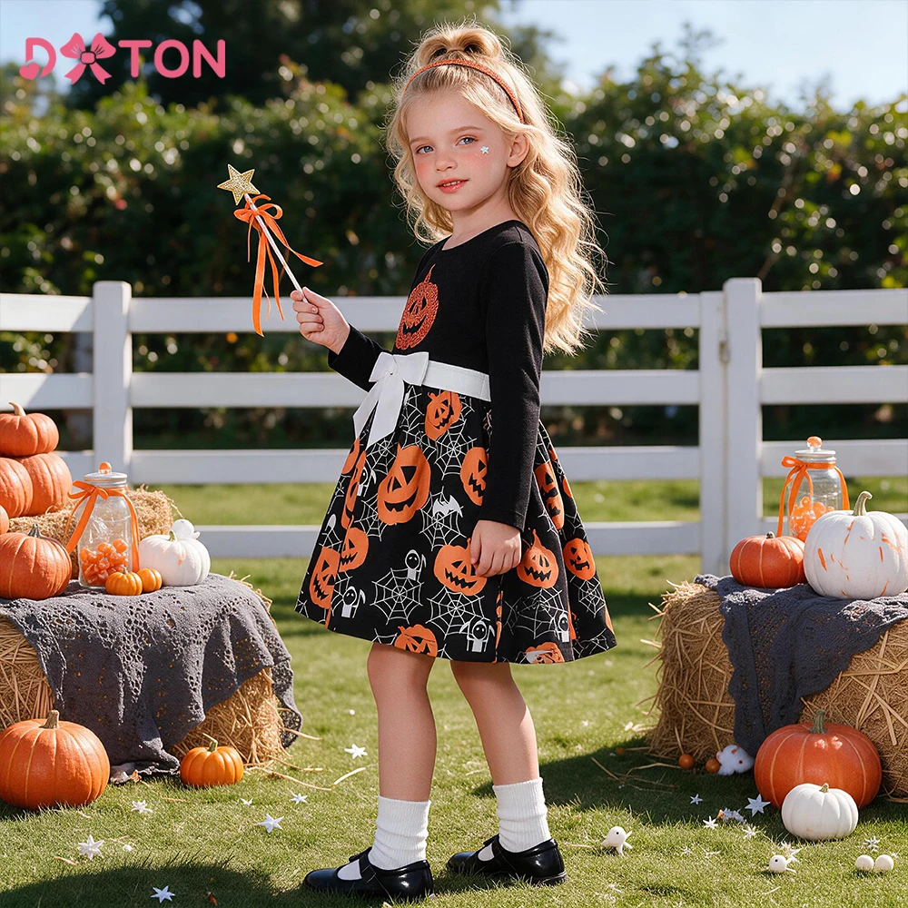DXTON Cotton Children's Dresses Pumpkin Kids Festival Clothing Halloween Party Dress For Girls Cobweb Bow Toddler Autumn Dress